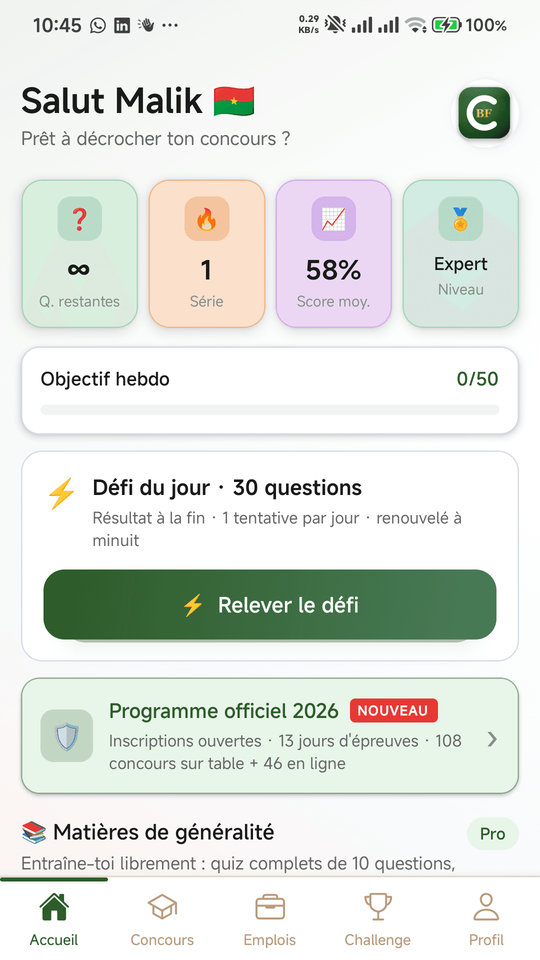 ConcoursBF — Accueil et objectifs de la semaine