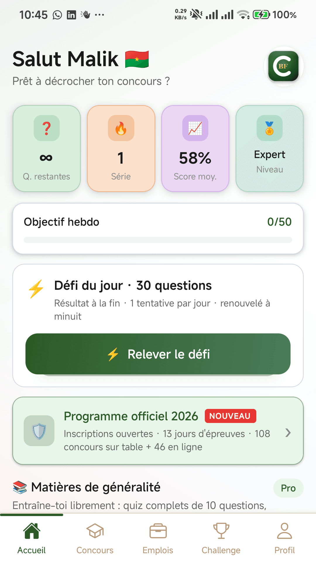 Écran d'accueil de l'application ConcoursBF : objectifs de la semaine, matières et concours disponibles
